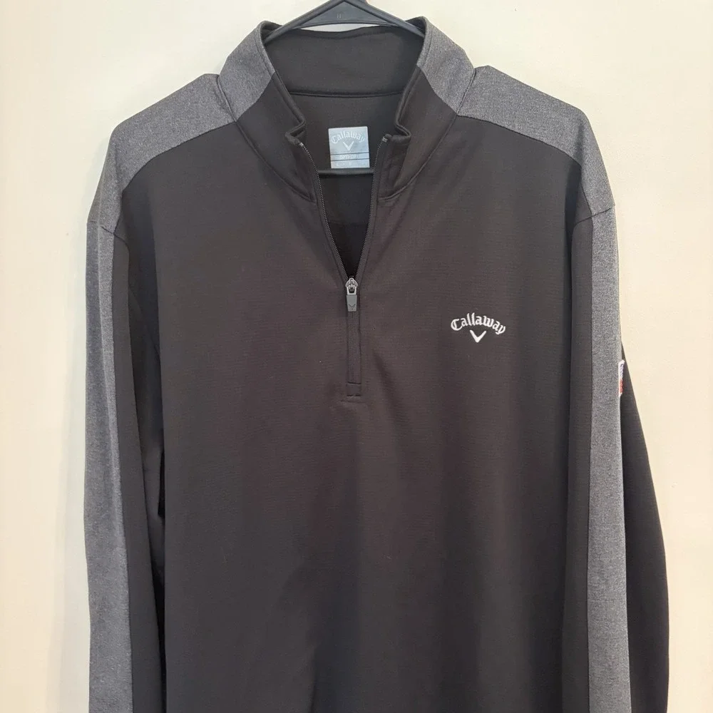Callaway Golf 1/4 Zip Sweater Mens Large Black Gray Pullover USA Flag Patch